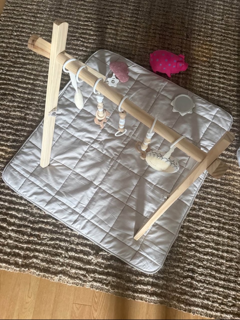 Wooden Baby Play Gym with Soft Hanging Toys - Natural